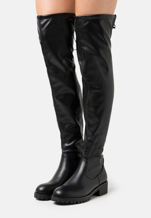 Black faux leather over-the-knee boots with a smooth texture, block heel, and stitching details. Features a pull-on design and rounded toe.