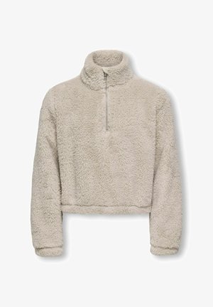 Pull polaire court couleur crème avec un col montant et une fermeture éclair à moitié. Texture douce avec un aspect duveteux.