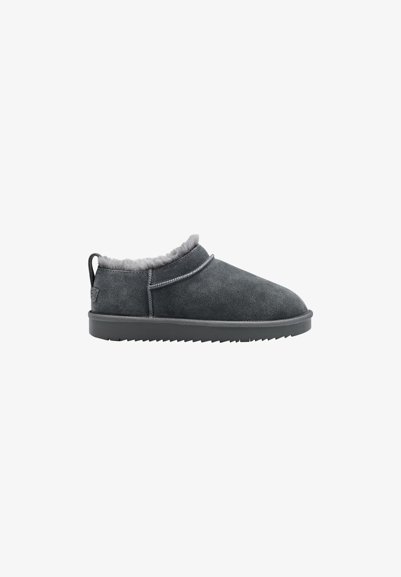 Chausson slip-on en daim gris foncé avec doublure intérieure duveteuse et semelle en caoutchouc robuste, présenté sur fond blanc.