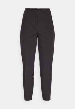 Black tailored trousers with a slim fit, featuring a smooth texture, side pockets, and crease detailing along the front.