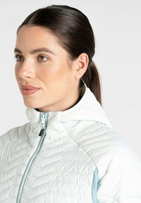 Himmelblau gesteppte Jacke mit durchgehendem Reißverschluss, hohem Kragen und weichem Glanz. Verfügt über einen kontrastierenden hellblauen Reißverschluss und Akzente.