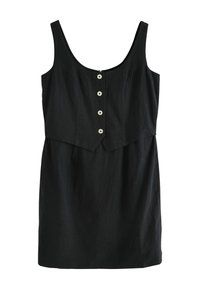 Robe en lin noir avec un bustier ajusté, des bretelles larges, une fermeture éclair et un devant à six boutons. Elle présente un design superposé avec une jupe évasée.