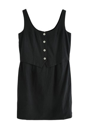 Robe en lin noir avec un bustier ajusté, des bretelles larges, une fermeture éclair et un devant à six boutons. Elle présente un design superposé avec une jupe évasée.