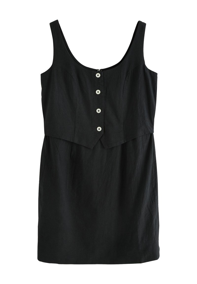 Robe en lin noir avec un bustier ajusté, des bretelles larges, une fermeture éclair et un devant à six boutons. Elle présente un design superposé avec une jupe évasée.