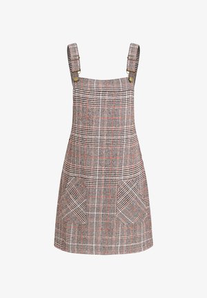 Checkered overall dress made of woven fabric featuring shades of grey, black, and orange. Two front pockets with a textured finish.