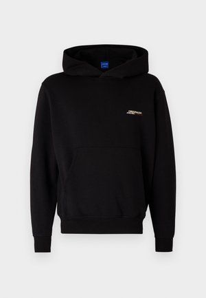 Felpa con cappuccio nera realizzata in tessuto morbido. Presenta una tasca a marsupio anteriore e un logo ricamato sul petto. Polsini e orlo a costine.