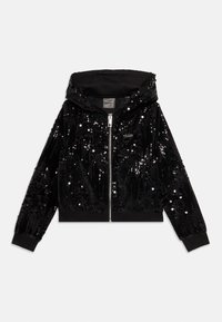 Felpa con zip nera ricoperta di paillettes nere lucide, con polsini e orlo a coste, caratterizzata da un piccolo logo metallico sul petto.