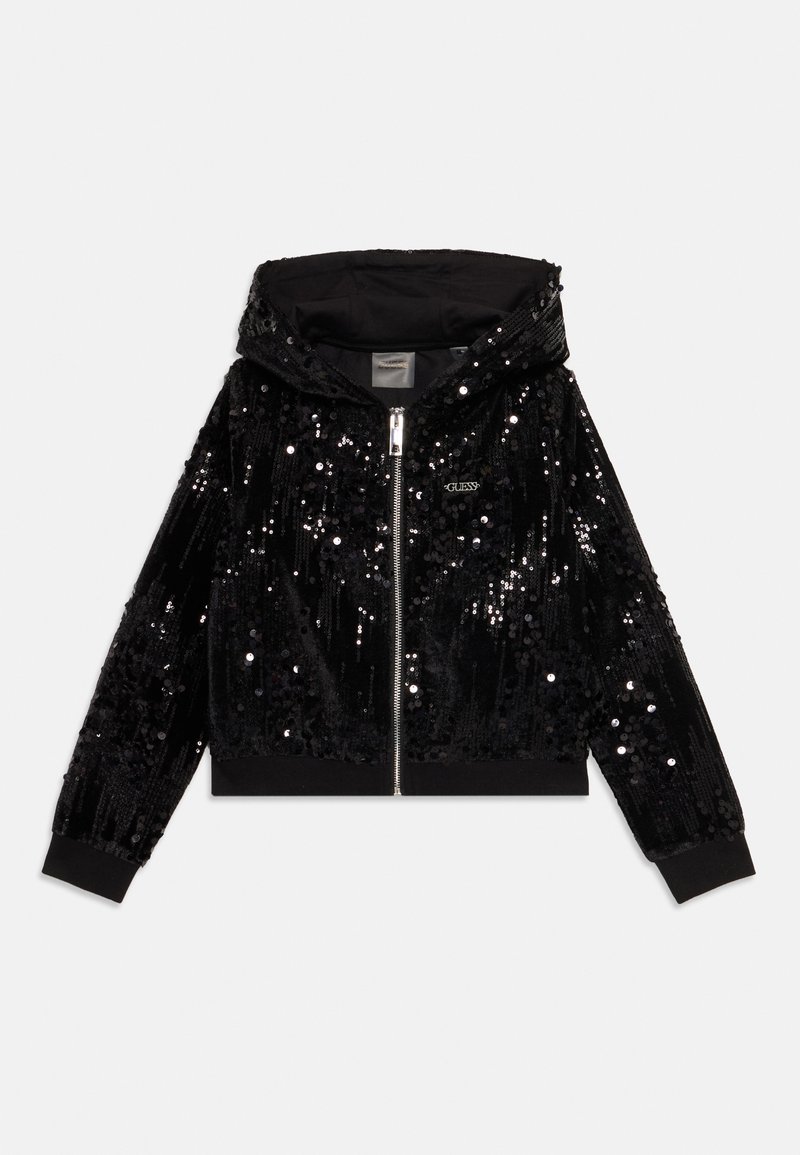 Čierna mikina na zips pokrytá lesklými čiernymi flitrami s rebrovanými manžetami a lemom, ktorý má malé kovové logo na hrudi.