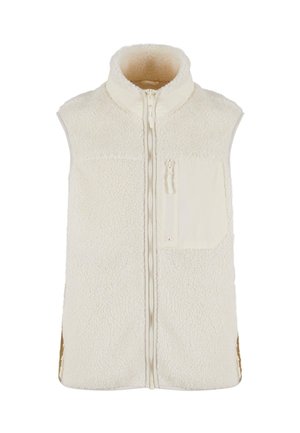 Veste sans manches en polaire de couleur crème avec fermeture éclair à l'avant et poche poitrine zippée, dotée d'un col montant et d'un tissu doux et texturé.