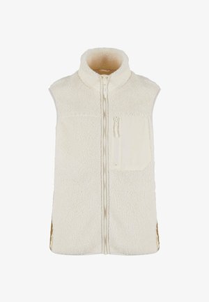 Veste sans manches en polaire de couleur crème avec fermeture éclair à l'avant et poche poitrine zippée, dotée d'un col montant et d'un tissu doux et texturé.