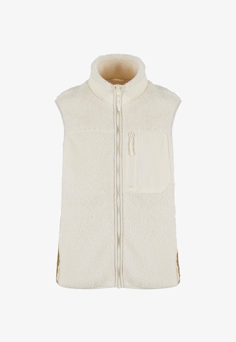 Veste sans manches en polaire de couleur crème avec fermeture éclair à l'avant et poche poitrine zippée, dotée d'un col montant et d'un tissu doux et texturé.