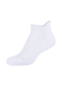 Calzino bianco alla caviglia realizzato in materiale traspirante, con soletta testurizzata e bordo liscio per comfort e vestibilità. Presenta un design a taglio basso.