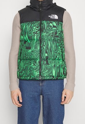 Vue de face d'une personne portant un gilet North Face à motifs verts et noirs, un pull beige à manches longues et un jean bleu, les mains détendues le long du corps.