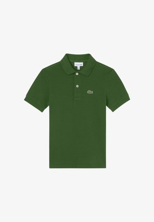 Polo vert en coton, avec un col classique, trois boutons, et un petit logo brodé sur le côté gauche de la poitrine. Manches courtes.