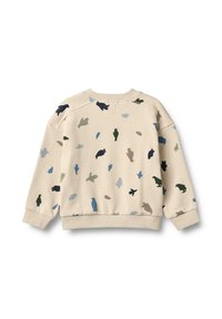 Beżowa dziecięca bluza z długim rękawem, z wielokolorowymi, abstrakcyjnymi kształtami zwierząt rozsianymi po całej tkaninie.