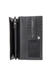 Portafoglio in pelle nera con più scomparti per carte, una tasca con zip e una finestra per l'ID in rete. Presenta una chiusura a scatto e una superficie liscia.