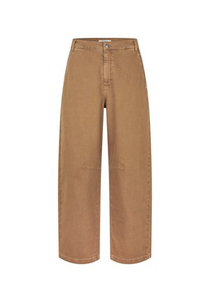 Pantaloni marroni a gamba larga in denim, con vita alta, design classico a cinque tasche e finitura pulita senza decorazioni.