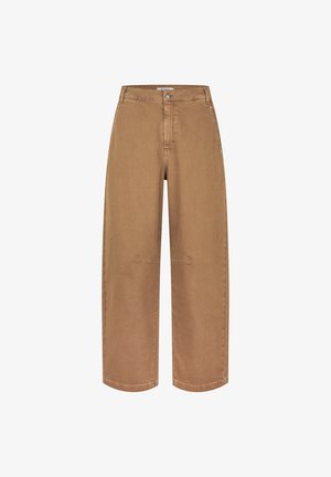 Hnědé široké džínové kalhoty s vysokým pasem, klasickým pětikapsovým designem a čistým vzhledem bez ozdob.