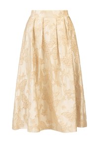 Une jupe midi plissée en tissu léger de couleur crème, ornée d'un motif brodé de papillons et de fleurs dans une teinte légèrement plus foncée.