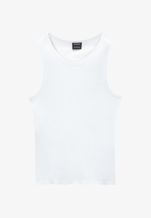 Witte mouwloze tanktop van ribgewoven katoen. Heeft een ronde halslijn en een gladde textuur. Etiket leest "PULL&BEAR."