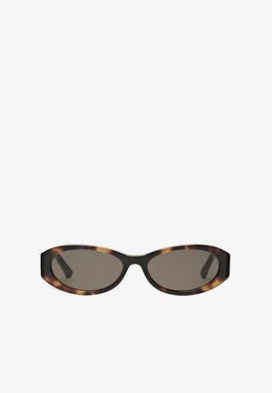 Sonnenbrille mit einem schwarzen und schildpattfarbenen Rahmen, schlankem ovalem Design, dunklen Gläsern und subtiler Hochglanz-Oberfläche. Keine Verzierungen oder Muster.