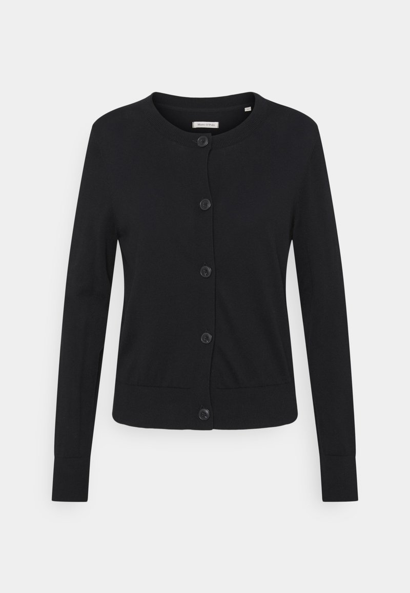 Black knitted cardigan with a round neckline, long sleeves, and a button closure. Features a smooth texture and subtle ribbed accents.