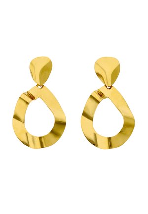 Cercei drop din metal cu nuanță de aur, având forme triunghiulare rotunjite neregulate și o suprafață lustruită, reflectorizantă.