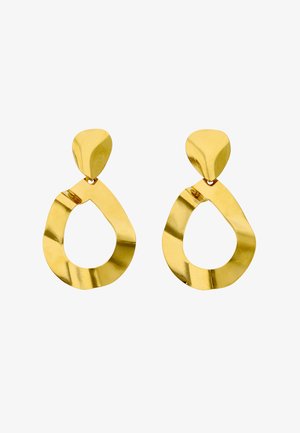 Oorbellen van metaal met een goudkleurige afwerking, met onregelmatige, afgeronde driehoekige vormen en een gepolijst, reflecterend oppervlak.