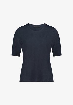 Dunkelblau strukturiertes Kurzarm-Top mit rundem Ausschnitt und tailliertem Schnitt, etikettiert Betty Barclay.