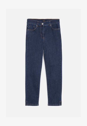 Jeans de mezclilla azul oscuro con un diseño elegante, estilo clásico de cinco bolsillos y detalles de costura visibles en las costuras y dobladillos.