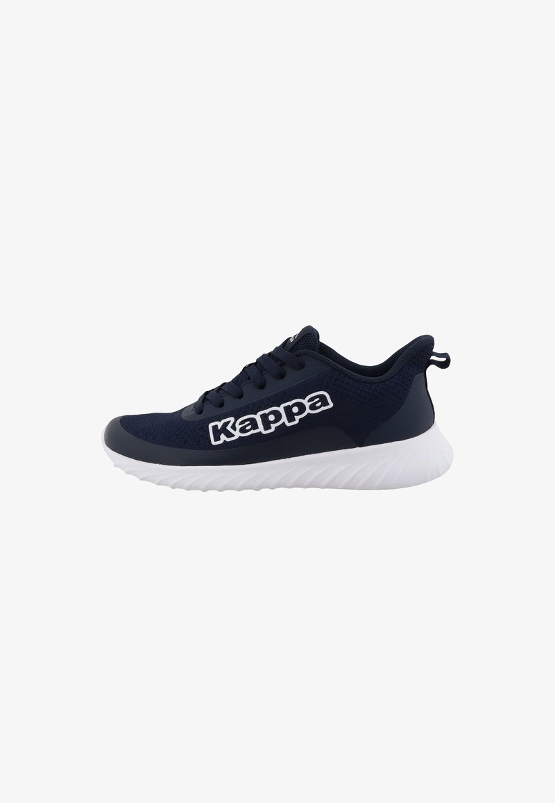 Sneakers sportivi blu navy con upper in mesh testurizzato, caratterizzati da un logo bianco e una suola bianca imbottita con un design a onda.