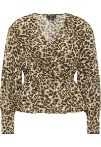 Dlhý rukáv zabalenej blúzky vyrobený z ľahkého materiálu s hnedo-krémovým leopardím vzorom, so zúženým pásom a zhromaždenými detailmi.
