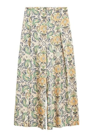 Pantalon à jambes larges à motif en tissu léger, présentant un fond crème avec des dessins paisley complexes en vert, jaune et marine.