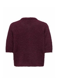Maglione bordeaux in maglia con maniche corte, superficie strutturata e scollo rotondo. Il maglione ha una vestibilità ampia e una lunghezza corta.