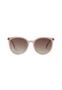 Rundrahmen-Sonnenbrille mit einem durchsichtigen pinkfarbenen Kunststoffrahmen und braunen Verlaufslinsen. Verfügt über kleine rechteckige Akzente an den Bügeln.