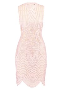 Robe sans manches à silhouette ajustée, ornée de broderies dorées complexes sur un tissu rose clair transparent, avec un ourlet festonné.