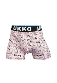 Boxers roses avec une ceinture noire affichant divers dessins en ligne noire d'icônes telles que des chapeaux, des tasses et des équipements sportifs, avec le texte "Joyeuse fête des pères."