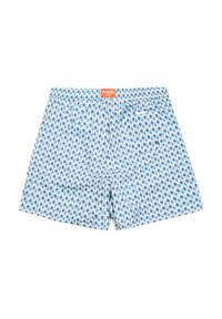 Costumi da bagno in tessuto blu chiaro con un motivo di pois blu e bianchi alternati, vita elasticizzata e etichetta con logo.