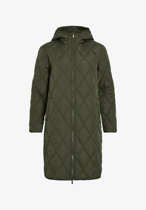 Kaatouttakki tumman oliivinvihreänä. Varustettu hupulla, etuvetoketjulla ja timanttikuosisella ompelulla. Sileä rakenne. Kevyt muotoilu.