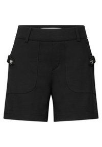 Pantaloni corti neri in tessuto elasticizzato, con due tasche frontali con bottoni decorativi, vita senza cuciture e cuciture sartoriali per un look aderente.