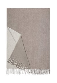 Woven blanket in light beige and taupe with fringed edges, showcasing a soft texture and a reversible design for versatile use.