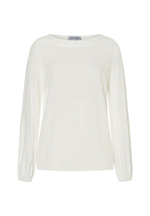 Langärmlige weiße Bluse mit rundem Ausschnitt und elastischen Bündchen, schlichtes Design, Etikett innen im Kragen mit dem Markennamen More & More.