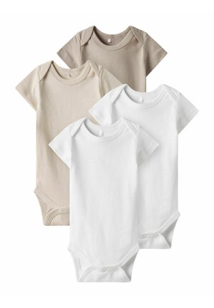 Set med fyra kortärmade bodysuits i ljusbeige och vit. Tillverkade av mjuk bomull och har tryckknappar i botten för enkel påklädning.