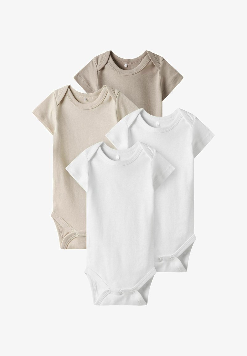 Ensemble de quatre bodys à manches courtes en beige clair et blanc. Fabriqué en coton doux, avec des fermetures à pression au bas pour un habillage facile.