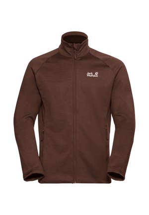 Veste en polaire marron avec un col montant, fermeture éclair intégrale, poches latérales et logo Jack Wolfskin sur le haut de la poitrine gauche. Texture lisse.