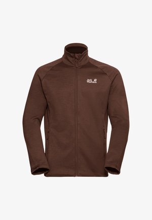 Bruine fleece jas met een hoge kraag, volledige ritssluiting, zijzakken en het Jack Wolfskin-logo op de bovenste linkerborst. Gladde textuur.