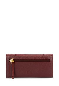 Burgundy leather wallet with a textured finish, featuring a gold-tone zipper, wrist strap, and embossed logo on the front.