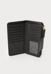 Black leather wallet with a zip closure, featuring multiple card slots, a transparent ID window, and gold hardware accents.