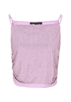 Lavanda majica na bretele s nabranim dizajnom, ukrašena metalnim zakovicama preko prednje strane, s podesivim trakama i mekim materijalom.