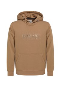 Hoodie in een tan kleur, met een voorzak als een kangoeroe, ribgebreide manchetten en onderrand, en reliëflogo-details op de borst.